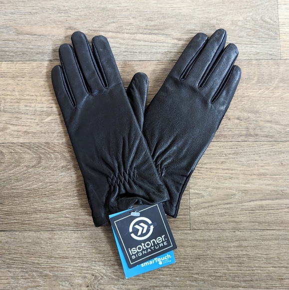 NWT Isotoner Signature Smart Touch Leather Black Gloves Women S/M - Picture 1 of 2